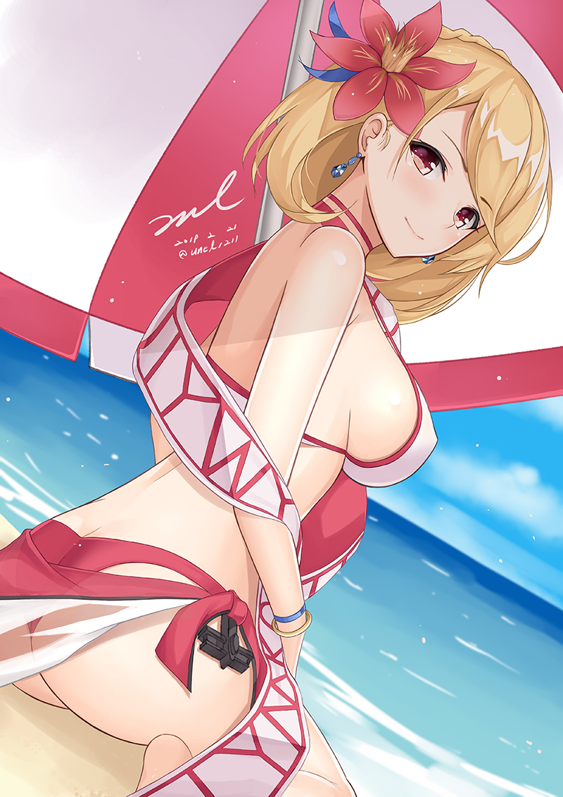 1girl ass azur_lane bangle bare_arms bare_shoulders barefoot beach beach_umbrella bikini blonde_hair blue_sky blush bracelet breasts choker closed_mouth cloud dated day earrings flower from_side hair_flower hair_ornament horizon jewelry large_breasts looking_at_viewer looking_back mismatched_bikini ocean outdoors prince_of_wales_(azur_lane) red_bikini_bottom red_choker red_eyes red_flower sarong shade shawl short_hair sideboob signature sitting sky smile solo swimsuit thighs twitter_username umbrella unel wariza water white_bikini_top wristband