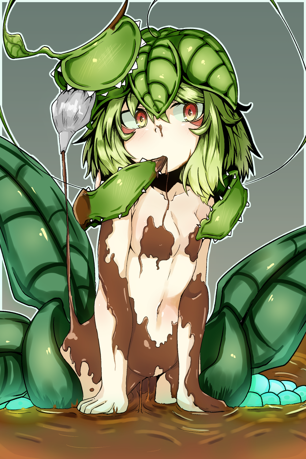 1girl breasts chocolate chocolate_on_breasts facial_mark female green_hair highres messy monster_girl naked_chocolate nude ocha_no_mae original plant_girl short_hair small_breasts solo