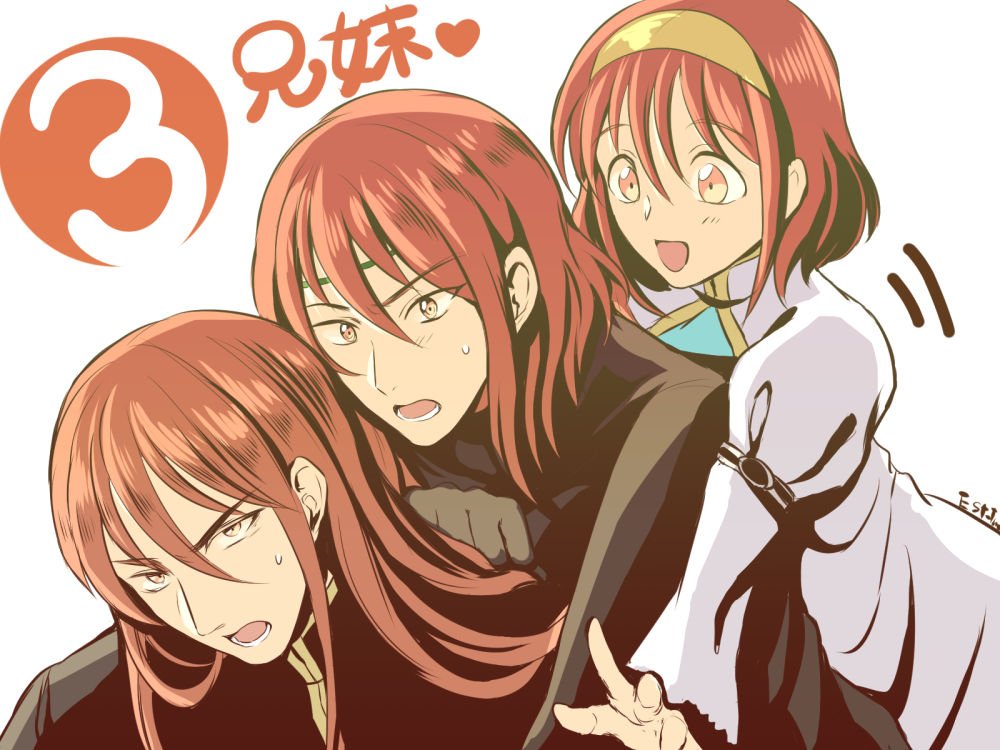 2girls blush brother_and_sister est_tm fire_emblem fire_emblem:_monshou_no_nazo gloves hug long_hair maria_(fire_emblem) minerva_(fire_emblem) misheil_(fire_emblem) multiple_girls red_eyes red_hair short_hair siblings sisters smile