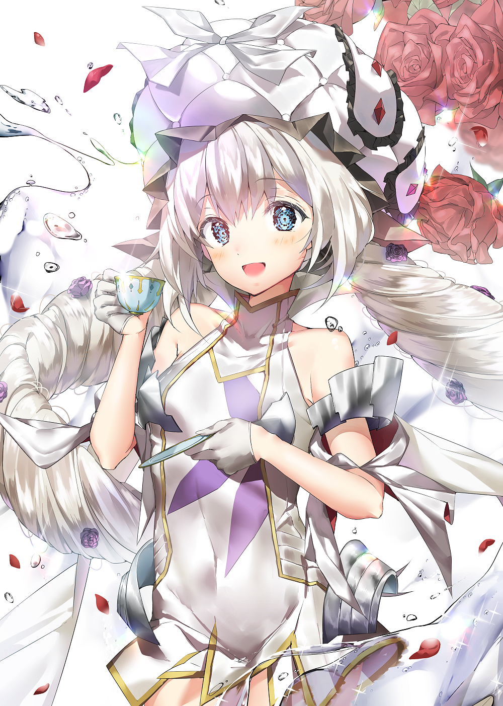 :d bangs blue_eyes blush commentary_request cup dress eyebrows_visible_through_hair fate/grand_order fate_(series) flower frilled_hat frills gloves h_shai hair_between_eyes hair_flower hair_ornament half_gloves hat head_tilt highres holding holding_cup holding_saucer long_hair looking_at_viewer low_twintails marie_antoinette_(fate/grand_order) open_mouth petals purple_flower purple_rose red_flower red_rose rose rose_petals saucer short_dress silver_hair smile solo teacup twintails very_long_hair water white_dress white_gloves white_hat