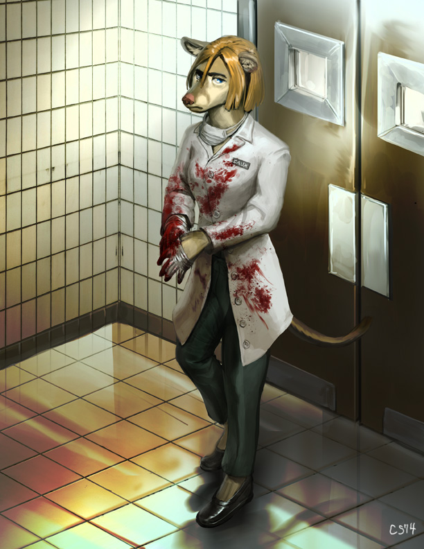 anthro blonde_hair blood_on_clothing blue_eyes clothed clothing disappointed door evelyn_lacine face_mask female footwear gloves hair inside lab_coat mammal marsupial medical medical_gloves name_badge shoes solo thylacine tile_floor tile_wall tumorhead