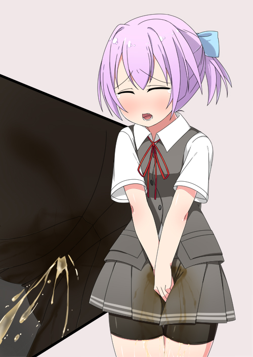 1girl between_legs blue_bow blush bow embarrassed eyebrows_visible_through_hair eyes_closed female grey_background grey_skirt grey_vest hair_bow hair_ornament hand_between_legs hands_together have_to_pee kantai_collection minamimachi_naname multiple_views open_mouth pee_stain peeing peeing_self ponytail purple_hair red_ribbon ribbon shiranui_(kantai_collection) shirt short_hair short_ponytail short_sleeves simple_background skirt solo standing tears teeth tied_hair upskirt v_arms vest wet_clothes white_shirt