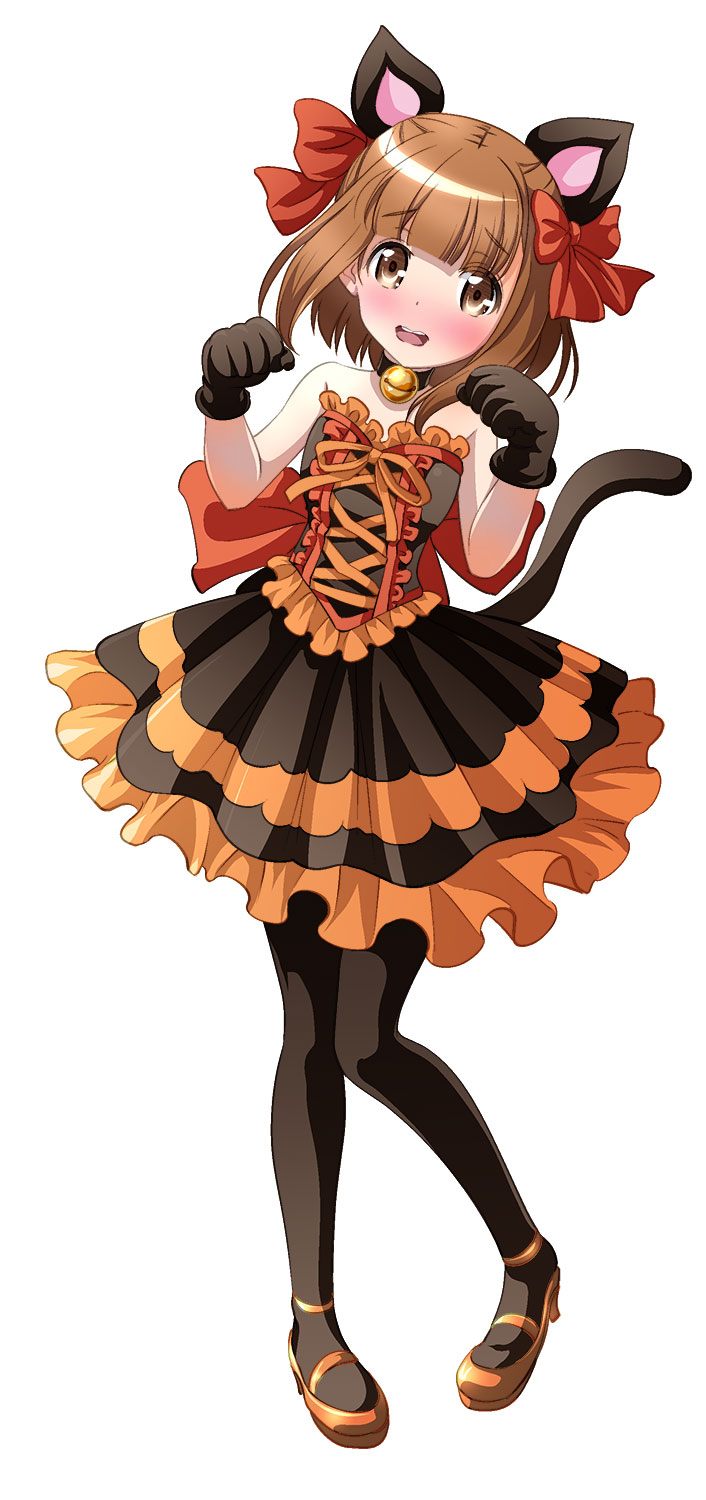 animal_ears beatrice_(princess_principal) bell bell_collar black_gloves black_hair blush bow brown_eyes brown_hair cat_ears cat_tail collar dress eyebrows_visible_through_hair frilled_dress frills full_body gloves hair_bow high_heels highres long_hair open_mouth orange_footwear pantyhose paw_gloves paws princess_principal red_bow simple_background sleeveless sleeveless_dress solo standing strapless strapless_dress tail taniguchi_gou white_background