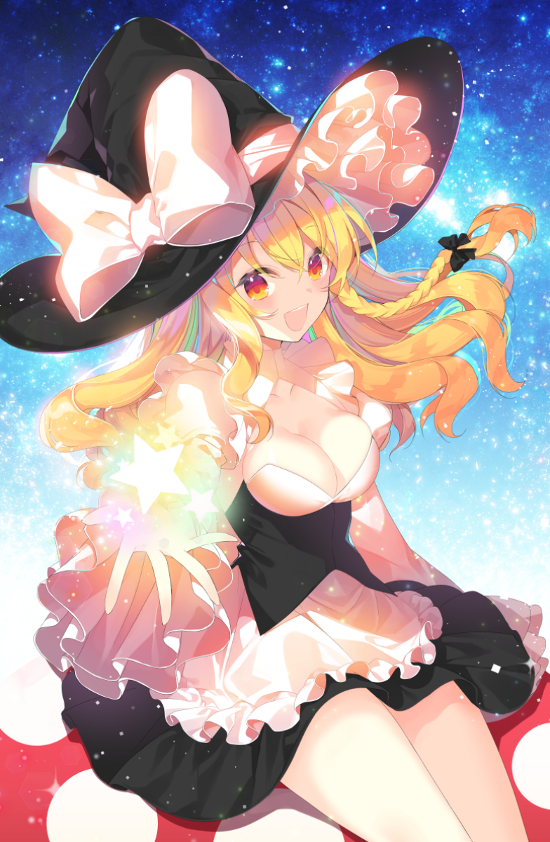 apron black_bow black_hat black_skirt blonde_hair blue_background bow braid breasts cleavage hair_bow hat hat_bow highres kirisame_marisa looking_at_viewer medium_breasts multicolored multicolored_eyes open_mouth red_eyes roh_nam_kyung side_braid skirt skirt_set smile solo star touhou waist_apron white_bow witch_hat yellow_eyes