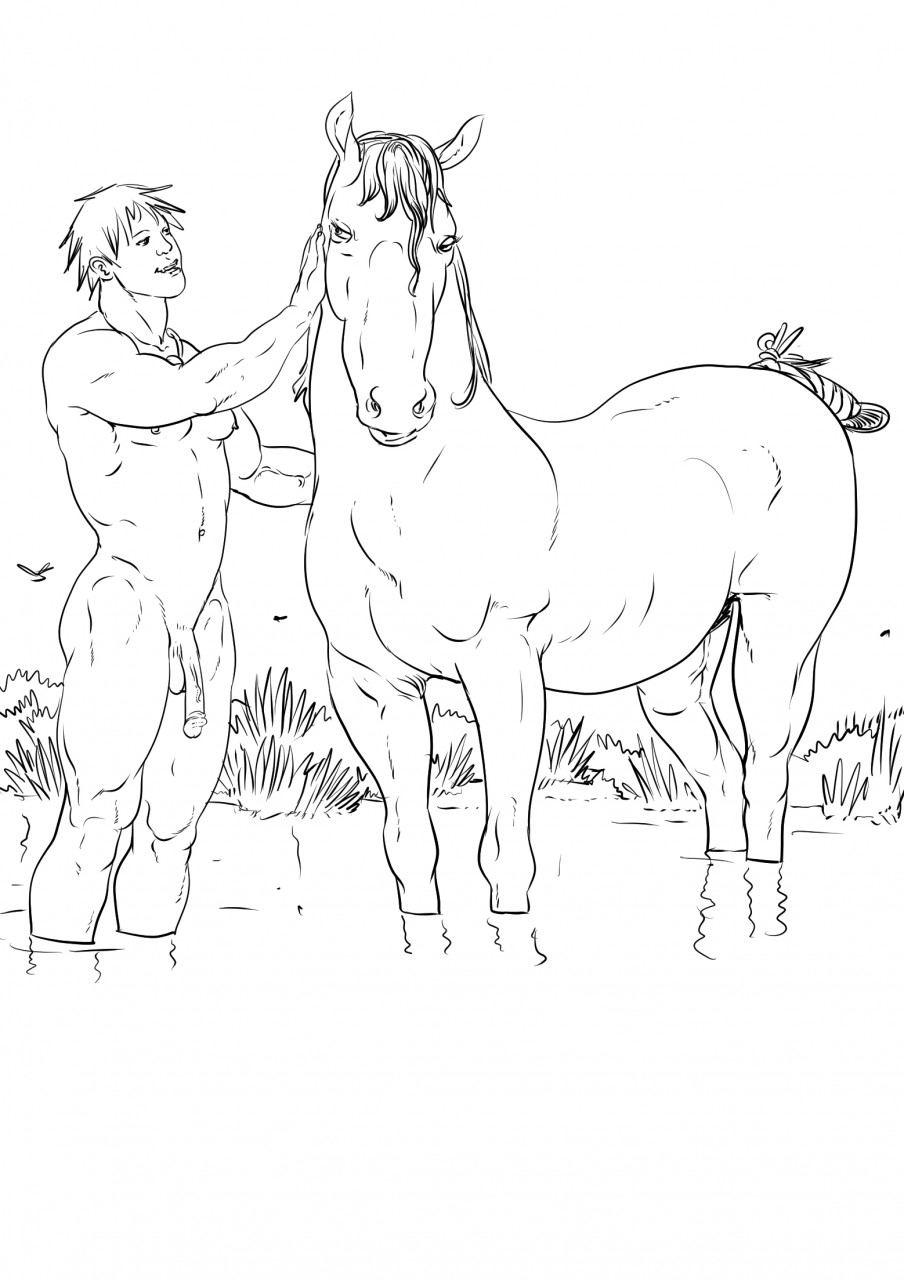 ambiguous_gender balls black_and_white braided_hair braided_tail duo equine feral furronika grass hair horse human male mammal monochrome nipples nude penis water