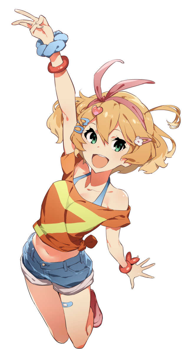 :d arm_up blonde_hair blue_shorts bracelet collarbone freyja_wion green_eyes hair_between_eyes hairband highres jewelry long_hair looking_at_viewer macross macross_delta midriff navel off-shoulder_shirt off_shoulder open_mouth orange_shirt pink_hairband shiny shiny_skin shirt short_shorts short_sleeves shorts simple_background smile solo standing stomach tatsuwo tied_shirt v white_background wrist_cuffs
