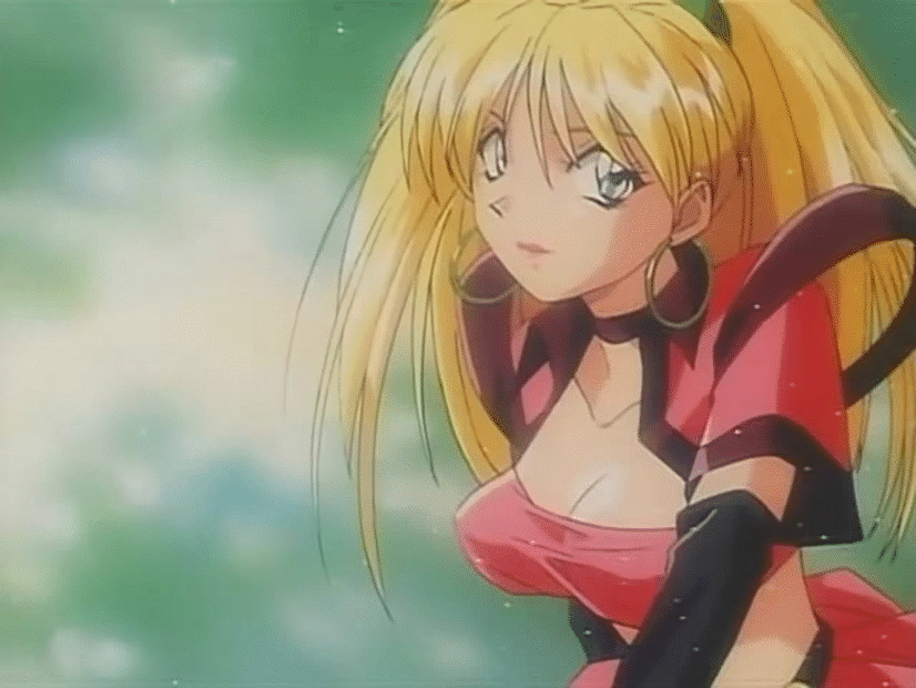 1girl 90s ;) animated animated_gif blonde_hair blue_eyes bouncing_breasts breasts burn-up burn-up_w falling kawai_yumi kinezono_rio long_hair nipples open_mouth solo twintails