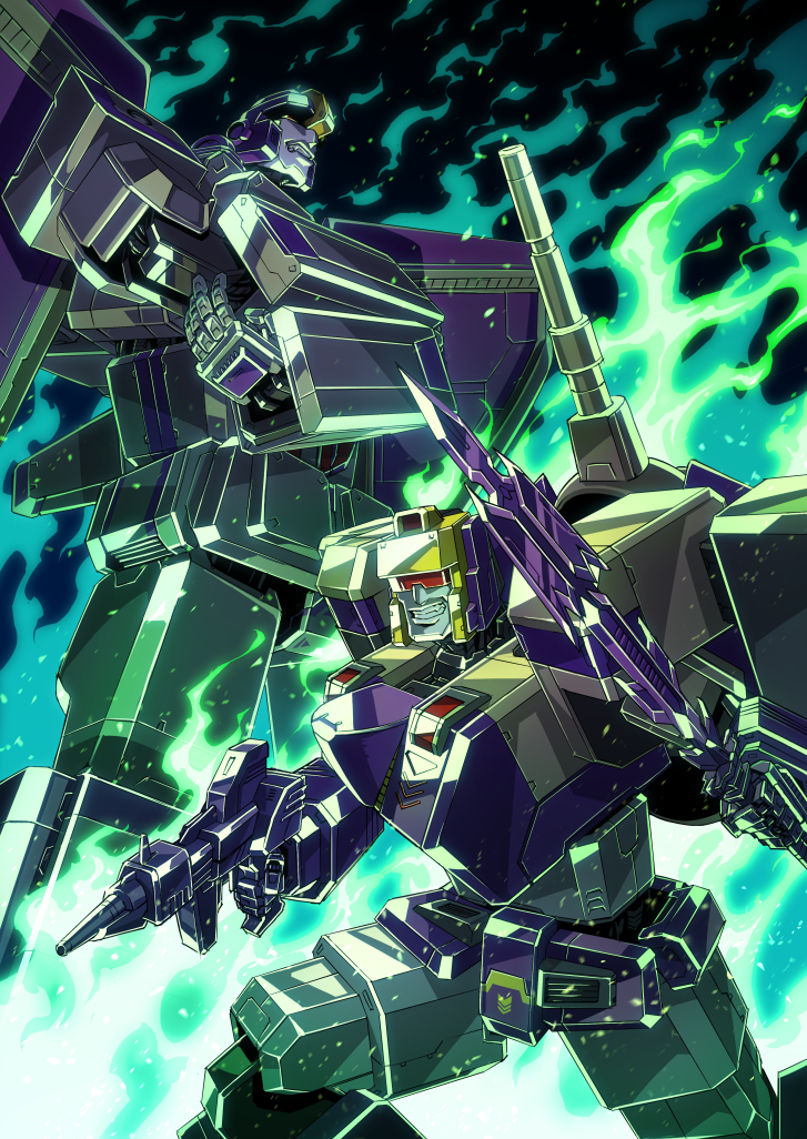 80s astrotrain blitzwing cannon commentary_request decepticon fire flame full_body glowing green_fire grinding gun mecha mechanical_wings multiple_boys no_humans oldschool red_eyes ryuuichirou_(haineken) sword transformers weapon wings