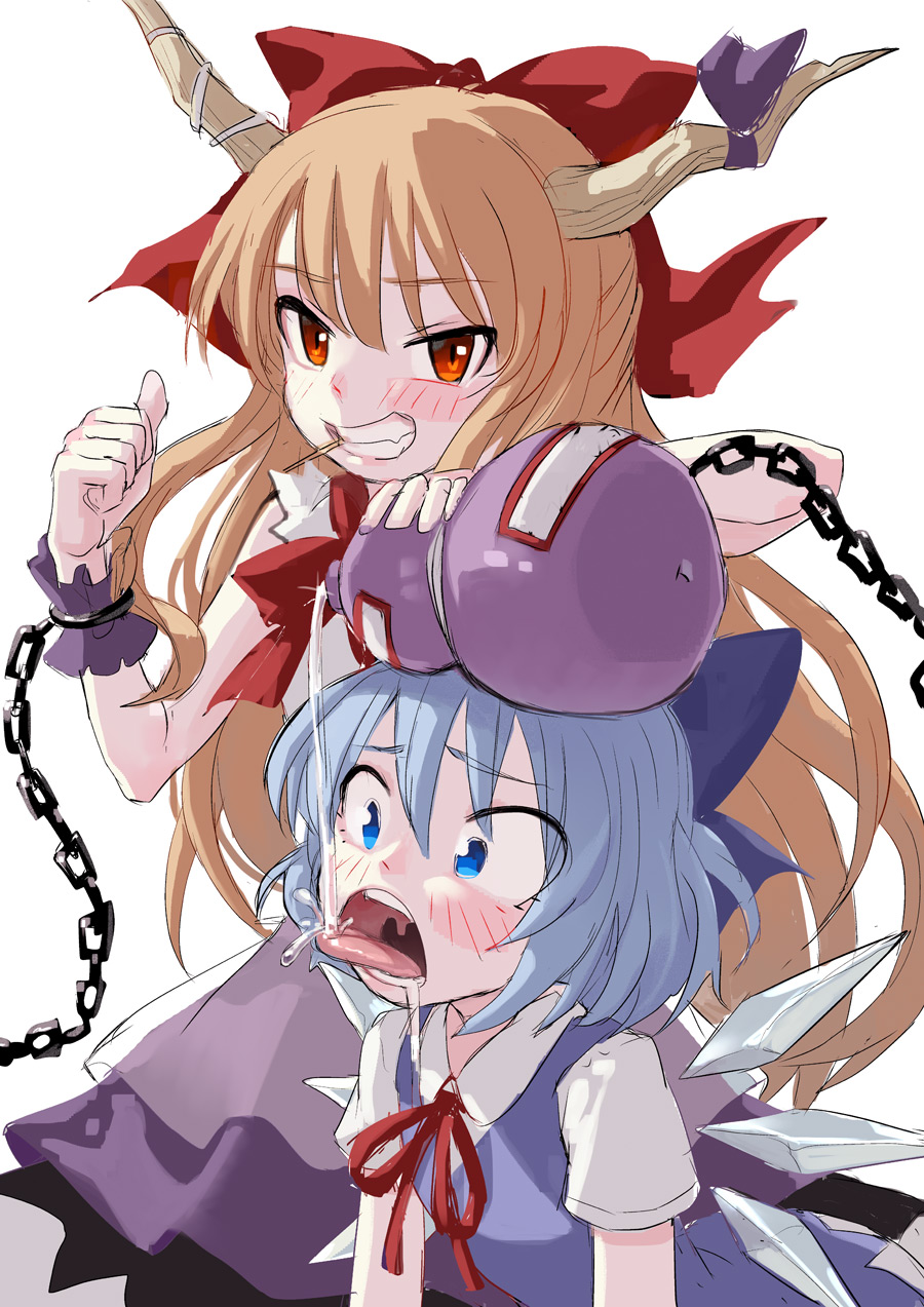 alcohol bangs blue_bow blue_eyes blue_hair blush bow brown_hair chain cirno clenched_teeth fkey gourd grin hair_bow highres holding horn_ribbon horns ibuki_suika ice ice_wings long_hair looking_at_viewer multiple_girls pouring red_bow red_eyes ribbon sake simple_background skirt smile teeth thumbs_up tongue tongue_out toothpick touhou uvula very_long_hair white_background wings wrist_cuffs