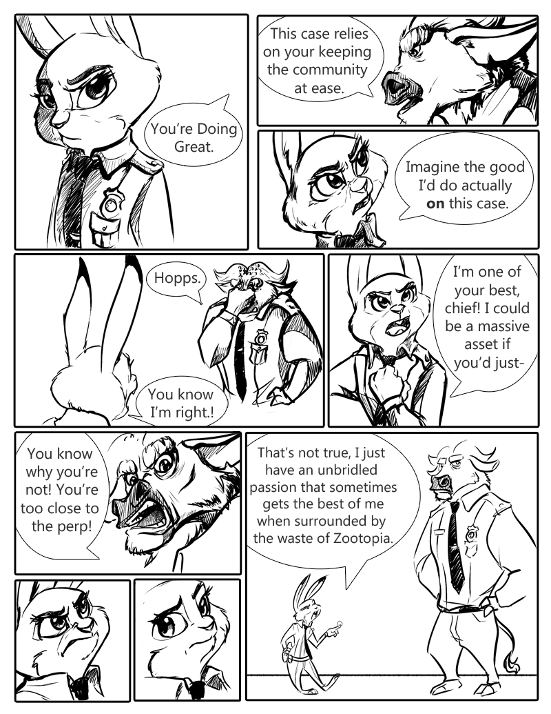 black_and_white bovine buffalo cape_buffalo chief_bogo clothing comic disney female iji judy_hopps lagomorph male mammal monochrome police_uniform rabbit simple_background uniform white_background zootopia