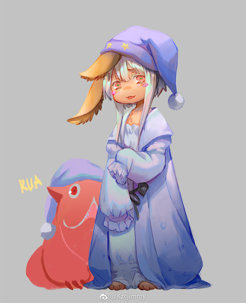:3 animal_ears artist_name barefoot blush blush_stickers colored_eyelashes frilled_sleeves frills full_body furry grey_background hat highres horizontal_pupils kzcjimmy long_sleeves looking_at_viewer made_in_abyss mitty_(made_in_abyss) nanachi_(made_in_abyss) nightgown nose_blush open_mouth pink_eyes short_hair_with_long_locks sidelocks silver_hair simple_background sleeves_past_wrists standing watermark weibo_logo weibo_username