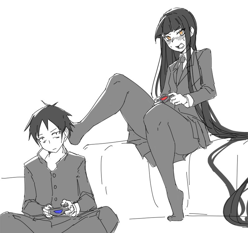 1boy 1girl absurdly_long_hair bangs black_hair blazer blunt_bangs blush commentary controller couple dualshock english_commentary eu03 female_protagonist_(houkago_play) gakuran game_console game_controller gamepad hetero hime_cut houkago_play jacket kicking long_hair male_protagonist_(houkago_play) monochrome no_shoes pantyhose playing_games playstation_4 school_uniform sitting spot_color very_long_hair yellow_eyes