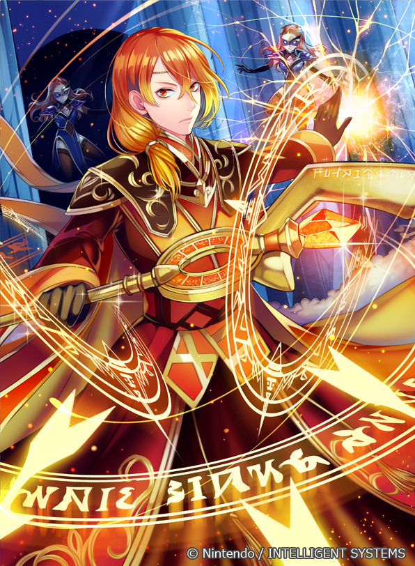 armor arrow blonde_hair brown_eyes circlet company_name electricity faceless faceless_female fire_emblem fire_emblem_cipher fire_emblem_echoes:_mou_hitori_no_eiyuuou long_hair low_ponytail luthier_(fire_emblem) magic_circle male_focus mask matsurika_youko multicolored_hair official_art orange_eyes orange_hair solo_focus two-tone_hair upper_body