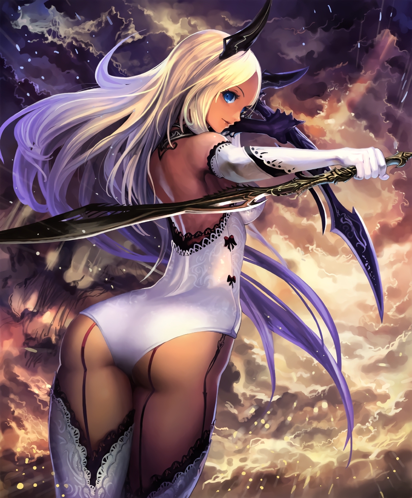 1girl artist_request ass backless_outfit blonde_hair blue_eyes cloud cloudy_sky cygames dark_skin demon_girl dual_wielding elbow_gloves gloves holding horns long_hair looking_at_viewer looking_back official_art pantyhose reverse_grip ribbon shadowverse sky solo sword sylvia_the_condemner thighhighs weapon