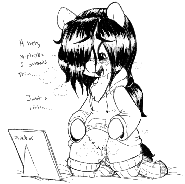 black_hair blush bottomless clothed clothing drooling equine fan_character female floor_bored fur hair hair_over_eye hoodie horse legwear mammal mcsweezy mirror monochrome my_little_pony open_mouth pony ponytail pubes pussy_juice saliva simple_background sketch socks solo text wet