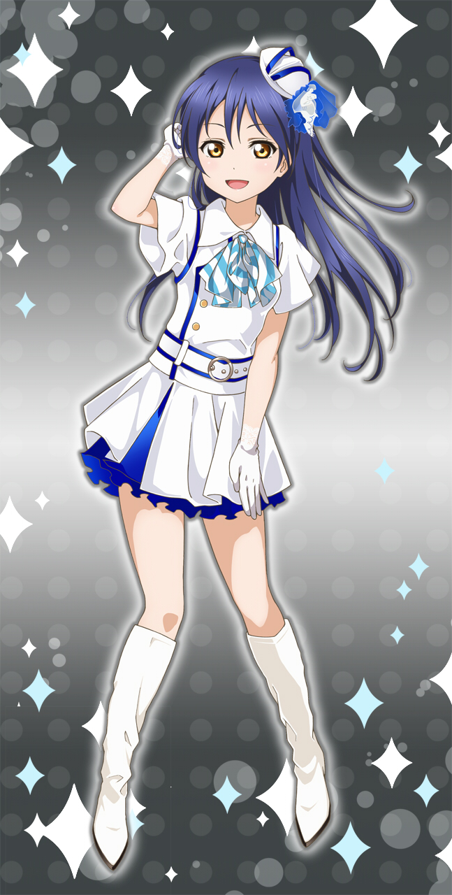 bangs belt blue_hair boots commentary_request dress gloves hair_between_eyes hand_in_hair hat highres hinattsubu jewelry knee_boots long_hair love_live! love_live!_school_idol_project mimori_suzuko necklace open_mouth short_sleeves simple_background smile solo sonoda_umi striped striped_neckwear white_background white_dress white_footwear white_gloves yellow_eyes