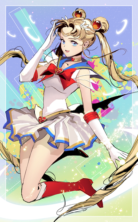 :d bishoujo_senshi_sailor_moon blonde_hair blue_eyes blue_sailor_collar boots bow brooch choker circlet double_bun elbow_gloves full_body gloves hair_ornament hairclip jewelry jumping knee_boots long_hair looking_at_viewer open_mouth pleated_skirt rannarrannar red_bow red_footwear sailor_collar sailor_moon sailor_senshi_uniform skirt smile solo super_sailor_moon tsukino_usagi twintails very_long_hair white_gloves