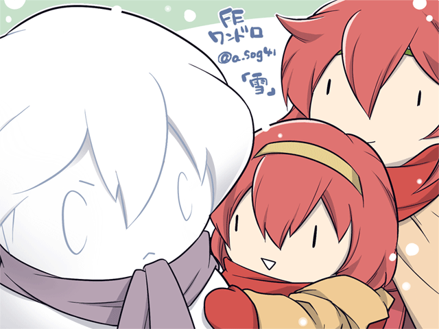 2girls brother_and_sister fire_emblem fire_emblem:_monshou_no_nazo gloves long_hair maria_(fire_emblem) mikimachi minerva_(fire_emblem) misheil_(fire_emblem) multiple_girls open_mouth red_eyes red_hair scarf short_hair siblings sisters smile snow snowman translation_request |_|