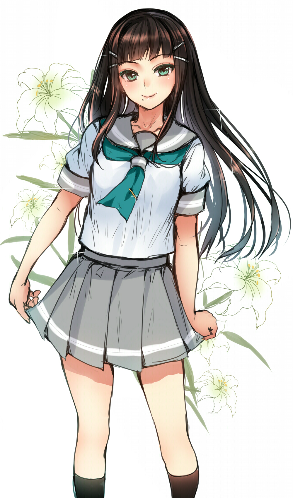 arms_at_sides bad_id bad_pixiv_id banned_artist black_hair black_legwear blonde_hair blush closed_mouth colored_eyelashes eyebrows_visible_through_hair feet_out_of_frame floral_background glint green_neckwear grey_skirt hair_ornament hairclip highres kneehighs kurosawa_dia legs_apart lips long_hair looking_at_viewer love_live! love_live!_sunshine!! neckerchief pleated_skirt school_uniform serafuku shirt short_sleeves sidelocks skirt smile solo standing tsukiriran tsurime uranohoshi_school_uniform white_shirt