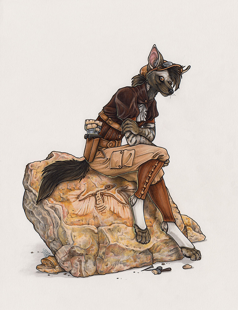 aardwolf anthro belt bloodhound_omega breeches brush chisel digitigrade ears_up eyewear female fossils furgonomics goggles hair hammer hand_on_arm humanoid_hands hyena inner_ear_fluff looking_at_viewer mammal rock shin_guards simple_background sitting solo steampunk striped_hyena tools utility_belt whiskers yellow_eyes