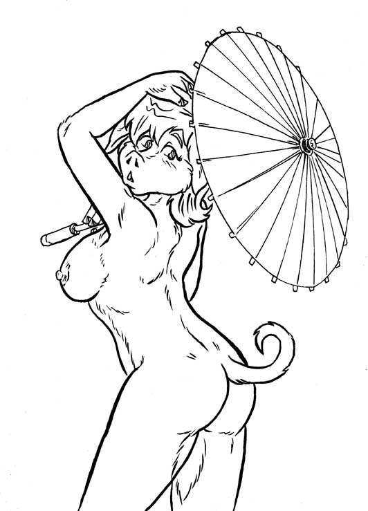 2019 anthro breasts butt butt_pose cheek_tuft elbow_tufts female furafterdark hand_on_head holding_object looking_at_viewer looking_back mammal monochrome nipples nude open_mouth parasol pen_(artwork) pig porcine portrait rosa_tamworth simple_background solo style_wager three-quarter_portrait traditional_media_(artwork) tuft