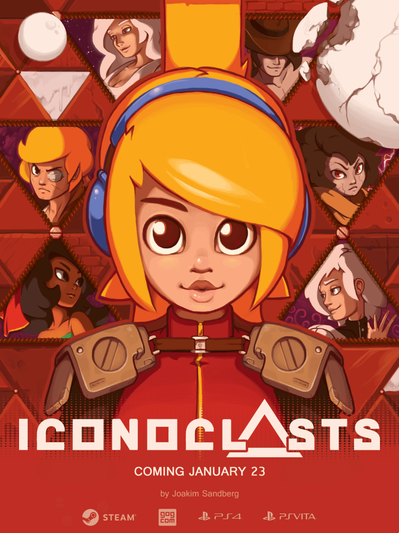 4girls agent_black artist_name bangs black_hair blonde_hair breasts brown_eyes cleavage commentary cowboy_hat dark_skin elro_(the_iconoclasts) english_commentary eyepatch general_chrome half_updo hat headphones joakim_sandberg lips long_hair medium_breasts mina_(the_iconoclasts) moon mother_(the_iconoclasts) multiple_boys multiple_girls official_art one-eyed pauldrons poster promotional_art red_eyes robin_(the_iconoclasts) royal_(the_iconoclasts) shoulder_pads solo_focus swept_bangs the_iconoclasts turtleneck white_hair zipper