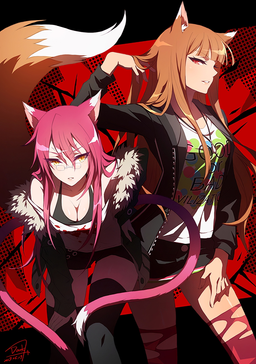 2017 altera amber_eyes animal_humanoid bent_over blazblue breasts brown_fur brown_hair canine cat cat_humanoid cleavage clothed clothing crossover dark.h dipstick_ears dipstick_tail duo eyewear fate/extella feline female fully_clothed fur futaba_sakura glasses hair hand_on_thigh hi_res horo humanoid jewelry kokonoe legwear looking_at_viewer mammal multicolored_tail necklace open_jacket persona_5 pink_fur pink_hair skirt slit_pupils spice_and_wolf standing thigh_highs torn_clothing twin_tail video_games wolf wolf_humanoid