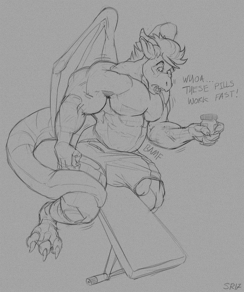 anthro big_penis clothed clothing dragon english_text erection erection_under_clothes growth hair horn humanoid_penis male muscle_growth muscular muscular_male open_mouth penis penis_through_leghole pills poking_out sitting solo spiritraptor text wings