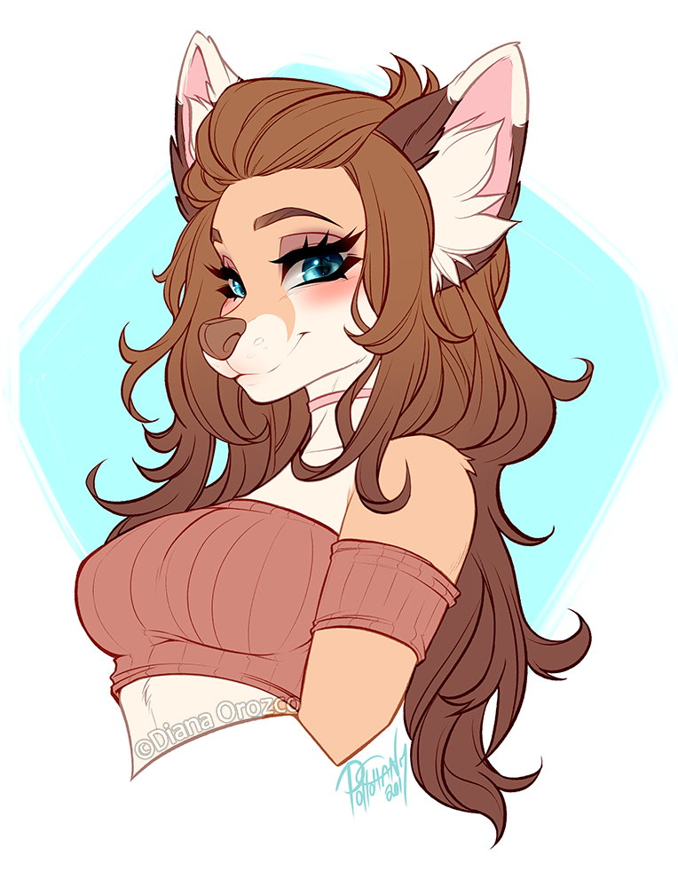 2017 anthro blue_eyes breasts brown_hair canine clothed clothing cute female hair inner_ear_fluff long_hair mammal pollo-chan simple_background solo top tube_top wolf
