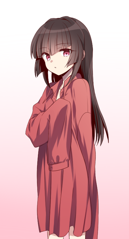 1girl alternate_costume alternate_hairstyle bangs black_hair blunt_bangs eyebrows_visible_through_hair lanlanlap long_hair looking_at_viewer no_pants open_clothes open_mouth open_shirt oversized_clothes oversized_shirt pink_eyes red_shirt senki_zesshou_symphogear shirt sleeves_past_fingers sleeves_past_wrists solo tsukuyomi_shirabe very_long_sleeves