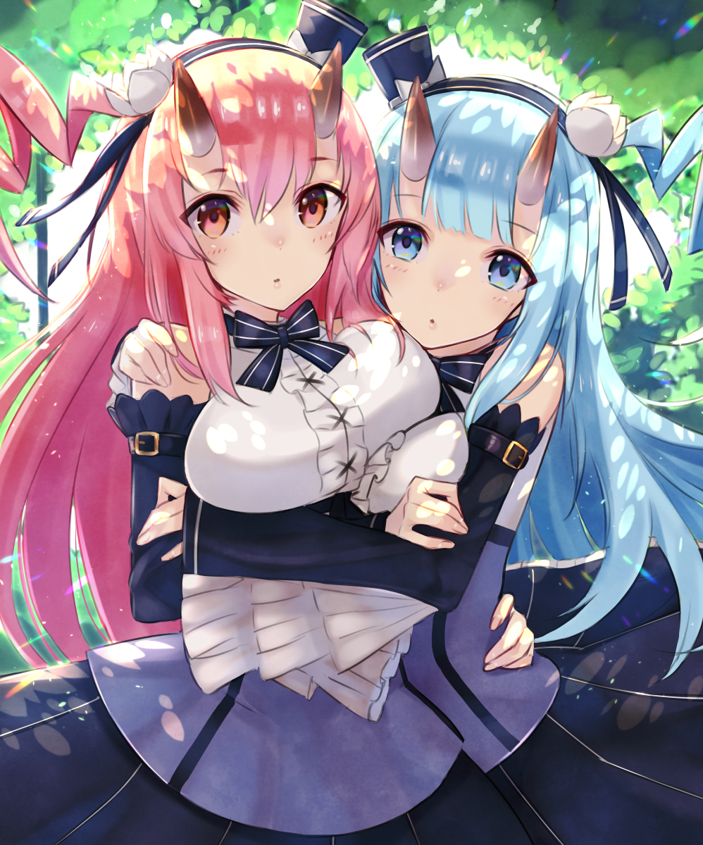 :o ahoge azur_lane bangs bare_shoulders belt belt_buckle black_belt black_bow black_hairband black_neckwear blue_eyes blue_hair bow bowtie breast_hold breasts buckle crossed_arms dappled_sunlight day detached_sleeves dress eyebrows_visible_through_hair eyes_visible_through_hair fingernails flower hair_between_eyes hairband hat hat_bow highres horns hug hug_from_behind huge_ahoge ikazuchi_(azur_lane) inazuma_(azur_lane) large_breasts leaf long_hair long_sleeves looking_at_viewer mappaninatta mini_hat mini_top_hat multiple_girls oni_horns open_mouth pink_eyes pink_hair shiny shiny_hair sleeveless sleeveless_dress sleeves_past_wrists striped striped_bow sunlight tareme top_hat tree tree_shade white_bow