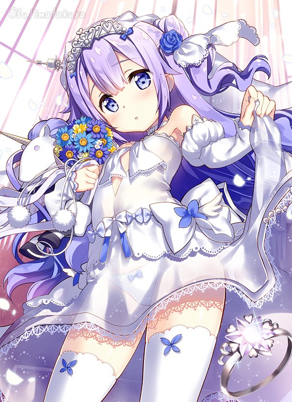:o alternate_costume azur_lane bare_shoulders blue_bow blue_flower blue_rose blush bow bow_panties breasts bridal_veil choker cowboy_shot cross detached_sleeves dot_nose dress eyebrows eyebrows_visible_through_hair eyes_visible_through_hair flower fujima_takuya hair_bun hair_flower hair_ornament hair_ribbon head_tilt heart heart_choker jewelry juliet_sleeves lace lace-trimmed_dress lace_trim legs_apart lifted_by_self long_hair long_sleeves looking_at_viewer midriff open_mouth panties petals puffy_sleeves purple_bow purple_eyes purple_hair ribbon ring rose see-through side_bun skirt_hold sleeves_past_wrists small_breasts solo sparkle standing strapless strapless_dress stuffed_alicorn stuffed_animal stuffed_toy tareme thighhighs tiara twitter_username underwear unicorn_(azur_lane) veil wedding_band wedding_dress white_choker white_dress white_panties white_ribbon