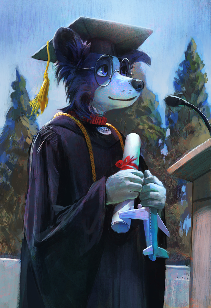 2017 5_fingers aircraft airplane anthro big_glasses black_fur black_nose border_collie canine clothed clothing collar college collie day digital_media_(artwork) digital_painting_(artwork) dog eyewear fully_clothed fur glasses gown graduation graduation_cap happy humanoid_hands male mammal outside podium school sky smile solo standing tacklebox tree vincollie white_fur