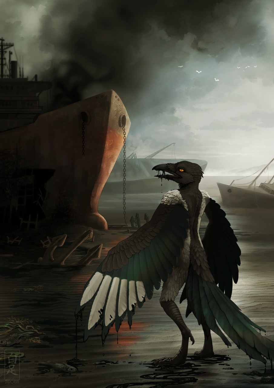 anchor avian beak bird chain day feathered_wings feathers fish magpie marine oil orange_eyes outside pollution seaweed semi-anthro ship shipwreck shiroashi sky smoke solo standing tail_feathers vehicle wings