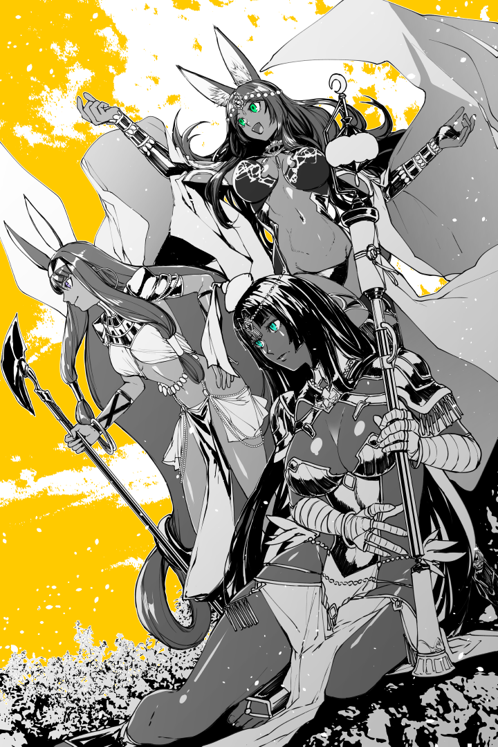 animal_ears banned_artist breasts circlet commentary_request dark_skin earrings egyptian_clothes fate/grand_order fate_(series) head_chain hoop_earrings jackal_ears jewelry large_breasts long_hair monochrome multiple_girls nitocris_(fate/grand_order) queen_of_sheba_(fate/grand_order) s_tanly scheherazade_(fate/grand_order) spot_color