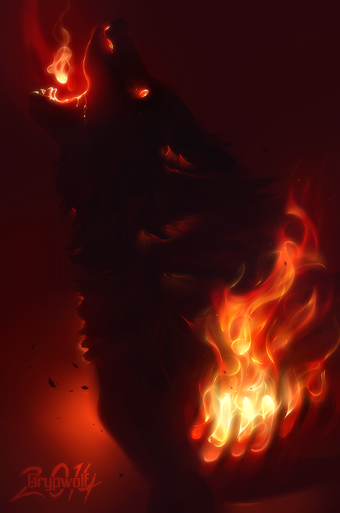 2014 ambiguous_gender canine fangs fire fire_magic glowing glowing_eyes grypwolf mammal portrait red_theme ribs wolf