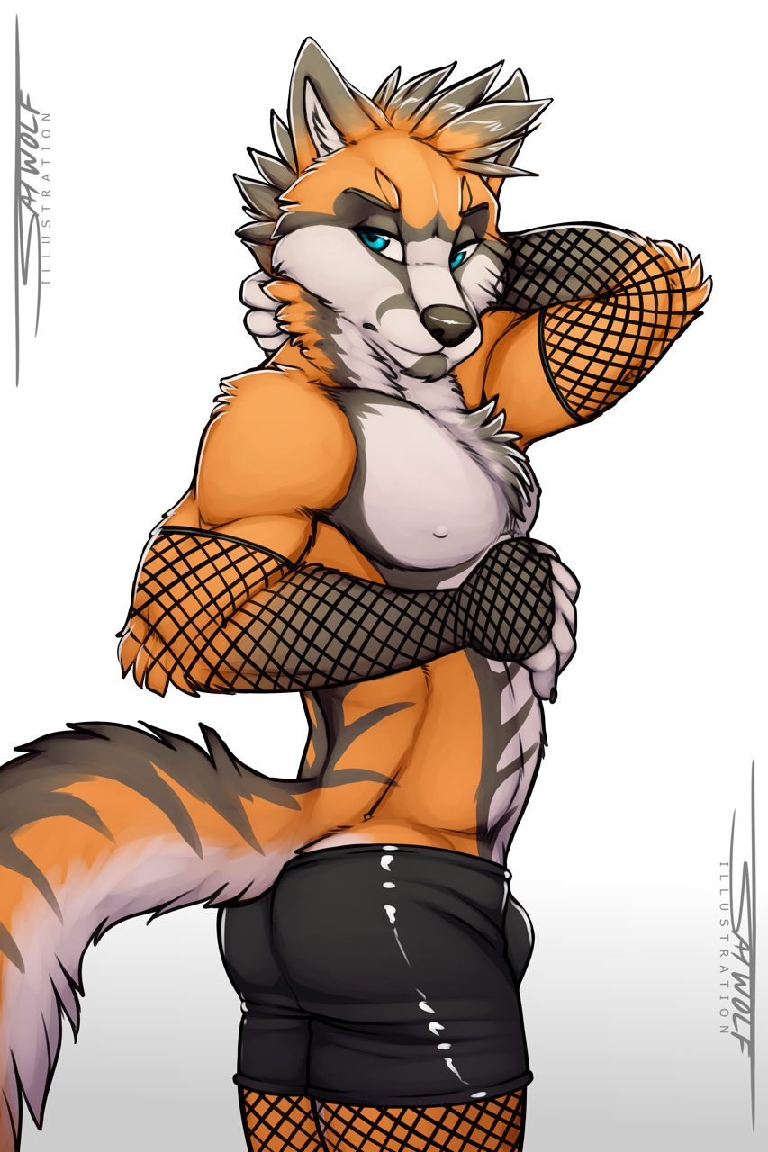 arm_warmers armwear blue_eyes bulge canine clothed clothing fishnet fox legwear male mammal nipples red_fox rubber saerro shorts solo stockings topless tsaiwolf