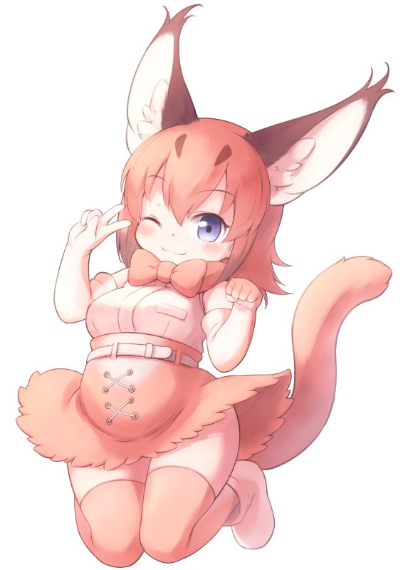 1girl animal_ear_fluff ankle_boots bare_shoulders belt blue_eyes blush boots bow bowtie breast_pocket caracal_(kemono_friends) caracal_ears caracal_tail commentary_request elbow_gloves eyebrows_visible_through_hair gloves kemono_friends knees_together_feet_apart large_ears matsuu_(akiomoi) medium_hair one_eye_closed orange_hair orange_legwear orange_neckwear paw_mose pocket shirt simple_background skirt skirt_lift sleeveless sleeveless_shirt smile solo tareme thighhighs white_background white_footwear white_shirt zettai_ryouiki