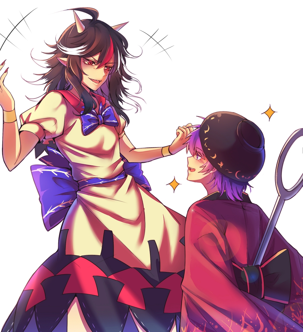 2girls :d ahoge bangs black_hair black_hat blue_bow blue_neckwear blue_sash blush bow bowl bowl_hat bowtie bracelet clenched_hand cowboy_shot dress eyebrows_visible_through_hair fingernails hair_between_eyes hand_up hat horns japanese_clothes jewelry kijin_seija kimono lens_flare long_hair long_sleeves looking_at_another messy_hair multicolored_hair multiple_girls nail_polish needle nga_(artist) open_mouth profile puffy_short_sleeves puffy_sleeves purple_eyes purple_hair red_eyes red_hair red_kimono red_nails red_sailor_collar sailor_collar sash sharp_fingernails sharp_teeth short_hair short_sleeves simple_background smile sparkle standing streaked_hair sukuna_shinmyoumaru teeth touhou v-shaped_eyebrows white_background white_dress white_hair wide_sleeves