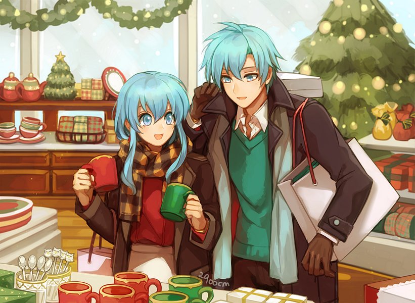 1boy 1girl 2900cm aqua_hair blue_eyes blue_hair cape christmas christmas_tree cup eirika ephraim fire_emblem fire_emblem:_seima_no_kouseki fire_emblem_heroes green_hair jacket long_hair nintendo open_mouth scarf short_hair siblings smile