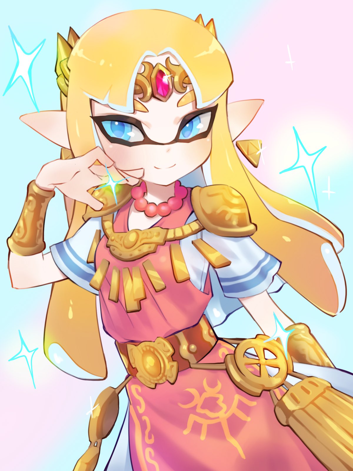 1girl bangs belt blonde_hair blue_eyes bracer company_connection dress earrings hand_up highres inkling jewelry jtveemo light_blush looking_at_viewer necklace nintendo parted_bangs pointy_ears princess_zelda shoulder_armor simple_background smile solo sparkle splatoon_(series) tentacle_hair the_legend_of_zelda tiara triforce