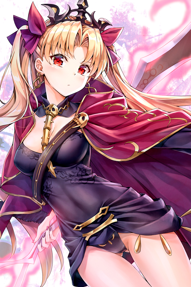 arm_behind_back ass_visible_through_thighs bangs black_leotard black_nails blonde_hair blush breasts cape cleavage closed_mouth cowboy_shot earrings ereshkigal_(fate/grand_order) eyebrows_visible_through_hair fate/grand_order fate_(series) glowing glowing_weapon hair_ribbon head_tilt holding holding_weapon jewelry kotatsu_(kotatsu358) leotard long_hair looking_at_viewer medium_breasts nail_polish parted_bangs polearm red_cape red_eyes red_ribbon ribbon shiny shiny_hair skull solo spear standing thighs tiara two_side_up v-shaped_eyebrows very_long_hair weapon