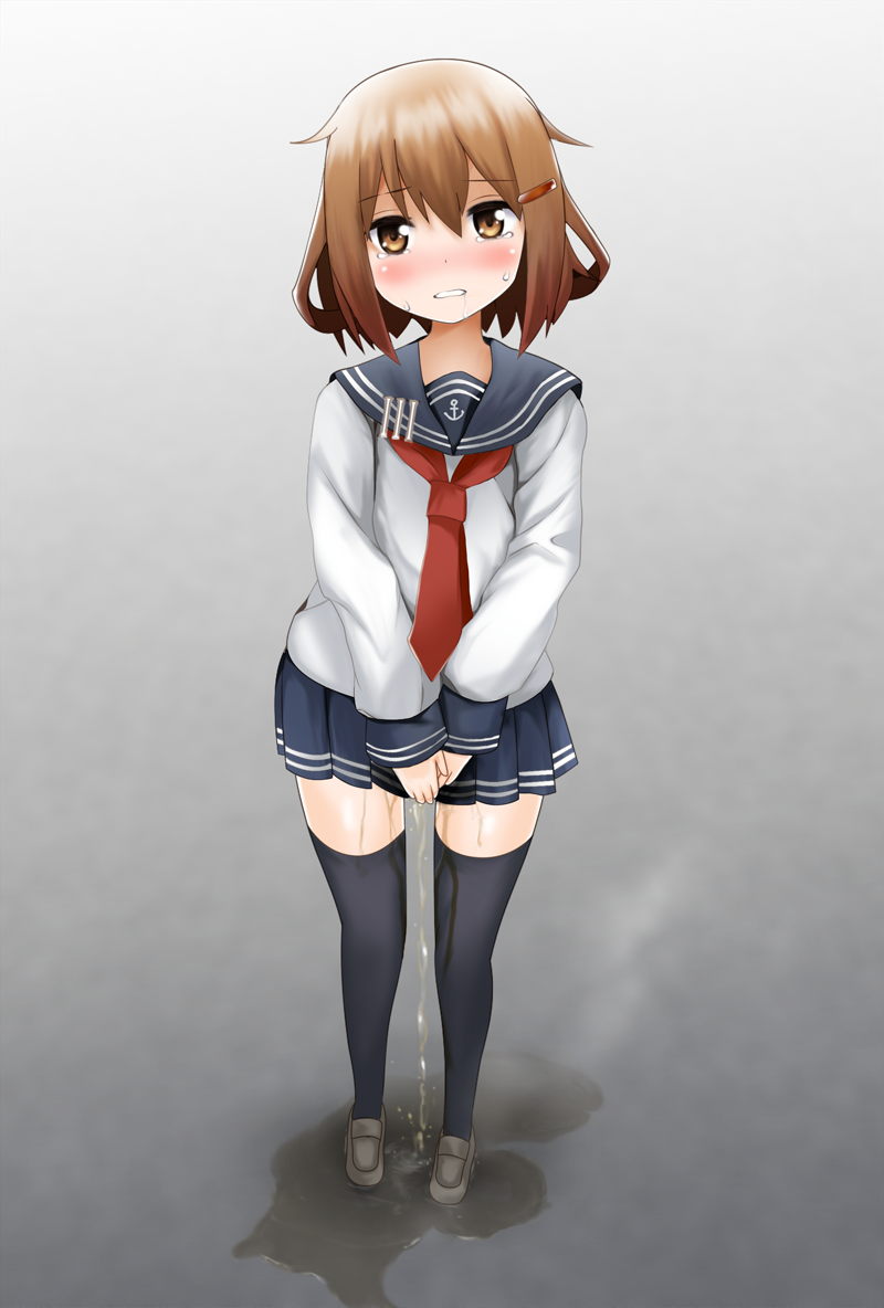 1girl black_legwear blue_skirt blush brown_eyes brown_hair drooling embarrassed eyebrows_visible_through_hair female full_body gokiburi_no_dashi gradient gradient_background grey_background grey_footwear hair_ornament hairclip hands_together have_to_pee ikazuchi_(kantai_collection) kantai_collection long_sleeves looking_away looking_to_the_side matching_hair/eyes necktie peeing peeing_self pleated_skirt puddle red_neckwear sailor_collar saliva school_uniform serafuku shiny_skin shirt shoes short_hair simple_background skirt solo standing steam sweat tears teeth thighhighs uniform v_arms wet_clothes white_shirt zettai_ryouiki