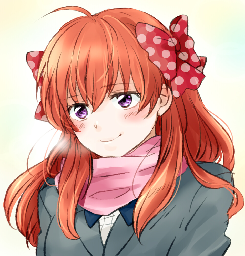 1girl blazer blue_neckwear blush bow brown_hair eyebrows_visible_through_hair gekkan_shoujo_nozaki-kun hair_between_eyes hair_bow jacket long_hair looking_at_viewer pink_scarf polka_dot polka_dot_bow purple_eyes red_bow sakura_chiyo scarf shirt simple_background smile solo st3214 upper_body white_background white_polka_dots white_shirt