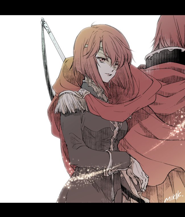 1girl armor brother_and_sister cape fire_emblem fire_emblem:_monshou_no_nazo gloves kizuki_miki long_hair minerva_(fire_emblem) misheil_(fire_emblem) red_eyes red_hair short_hair siblings simple_background weapon white_background