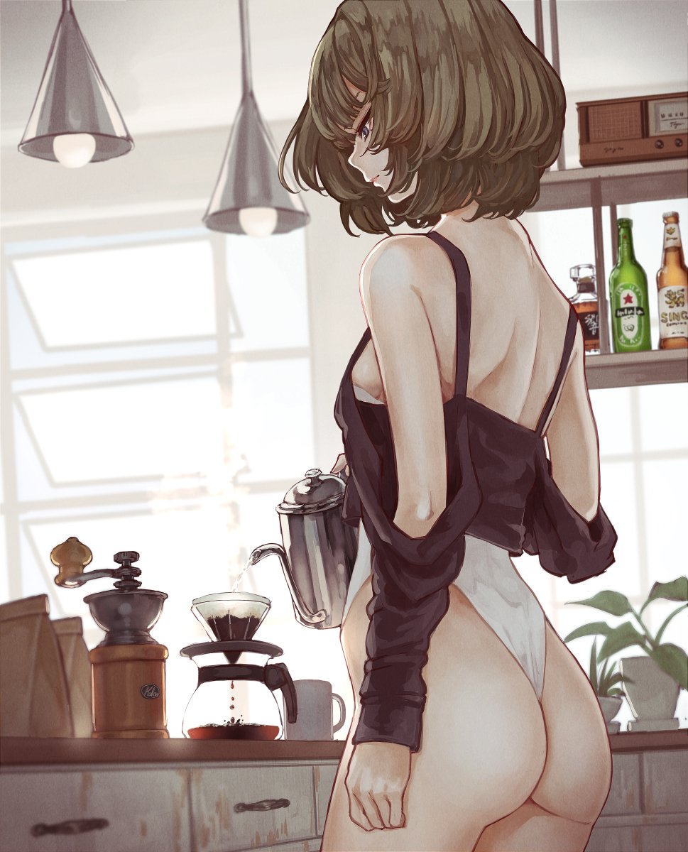 arm_at_side ass back bag bangs bare_shoulders beer_bottle blue_eyes breasts brown_hair closed_mouth coffee coffee_grinder coffee_mug coffee_pot counter cup from_behind hanging_light highleg highleg_leotard highres idolmaster idolmaster_cinderella_girls indoors kitchen lamp leotard leotard_under_clothes looking_away looking_down loose_clothes loose_shirt medium_breasts mole mole_under_eye mug off_shoulder open_eyes open_window paper_bag pitcher plant potted_plant pouring profile radio shelf shirt short_hair sideboob solo standing table takagaki_kaede thong_leotard white_leotard window yasukura_(shibu11)