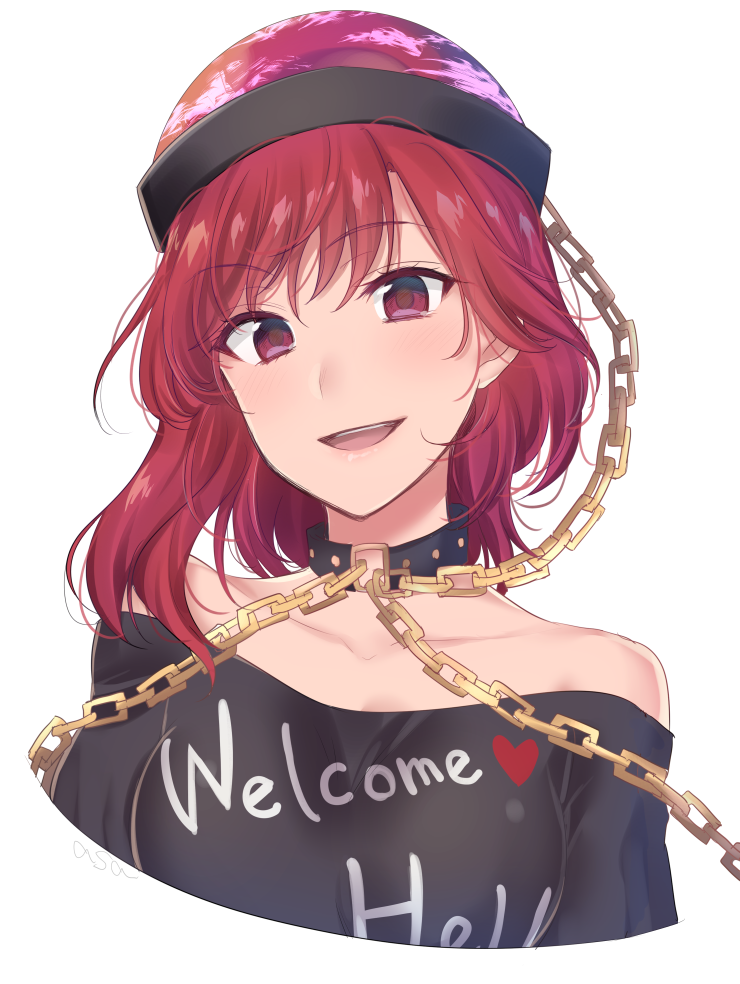 asa_(coco) bangs bare_shoulders chain clothes_writing collar heart hecatia_lapislazuli long_hair looking_at_viewer off-shoulder_shirt open_mouth polos_crown red_eyes red_hair shirt simple_background smile solo t-shirt touhou upper_body white_background