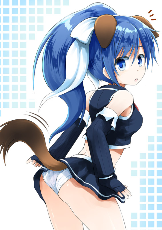 :o animal_ears ass bangs bare_shoulders black_gloves black_shirt black_skirt blue_eyes blue_hair blue_skirt blush bow breasts commentary_request detached_sleeves dog_ears dog_girl dog_tail eyebrows_visible_through_hair fingerless_gloves fujisaka_lyric gloves hair_between_eyes hair_bow high_ponytail long_hair long_sleeves looking_at_viewer looking_to_the_side medium_breasts panties pantyshot pantyshot_(standing) parted_lips ponytail quiz_magic_academy ribbon shirt sidelocks skirt sleeveless sleeveless_shirt small_breasts solo standing tail underwear very_long_hair white_bow white_panties white_ribbon yuri_(quiz_magic_academy)