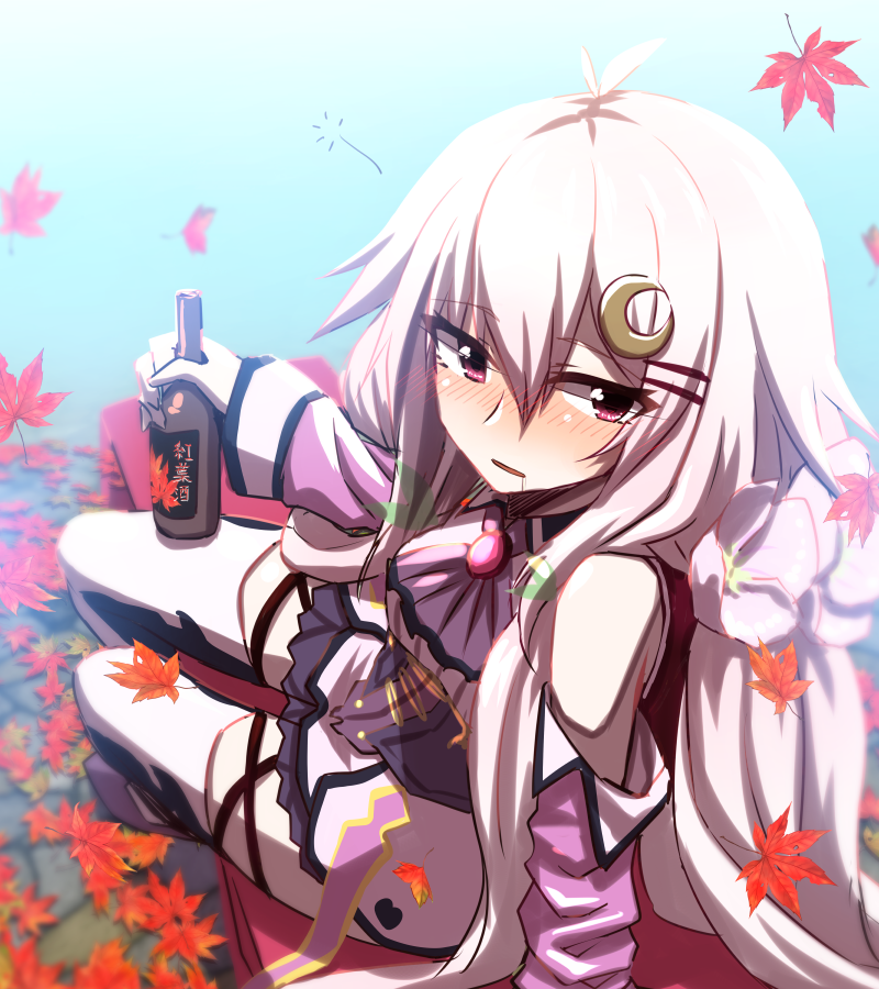 alcohol antenna_hair arm_support bangs bare_shoulders bench blurry blush bottle brooch cravat crescent crescent_hair_ornament depth_of_field detached_sleeves dress drink drooling drunk eyebrows_visible_through_hair falling_leaves flower_knight_girl hair_between_eyes hair_ornament hairclip holding holding_bottle jewelry leaf long_hair long_sleeves looking_at_viewer looking_to_the_side maple_leaf mizunashi_(second_run) nose_blush oenothera_(flower_knight_girl) outdoors parted_lips pink_eyes pink_footwear pink_hair reclining saliva short_dress solo stone_floor thighhighs white_dress white_legwear