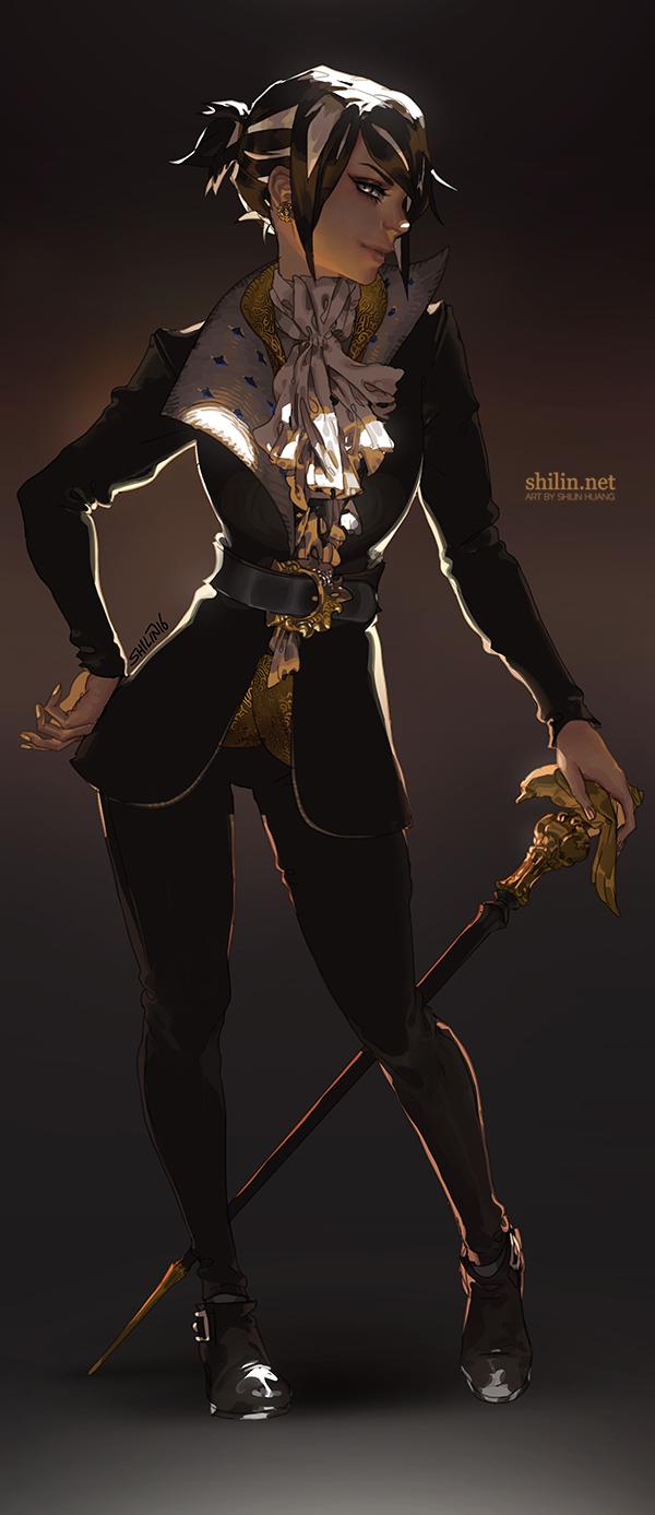 artist_name ascot belt blackbird boots cane carciphona commentary earrings formal highres jacket jewelry shilin solo suit
